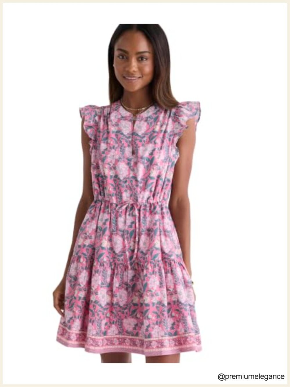 Cotton Mini A-Line Dress Cutaway Neckline Tiered Skirt Drawstring Waist